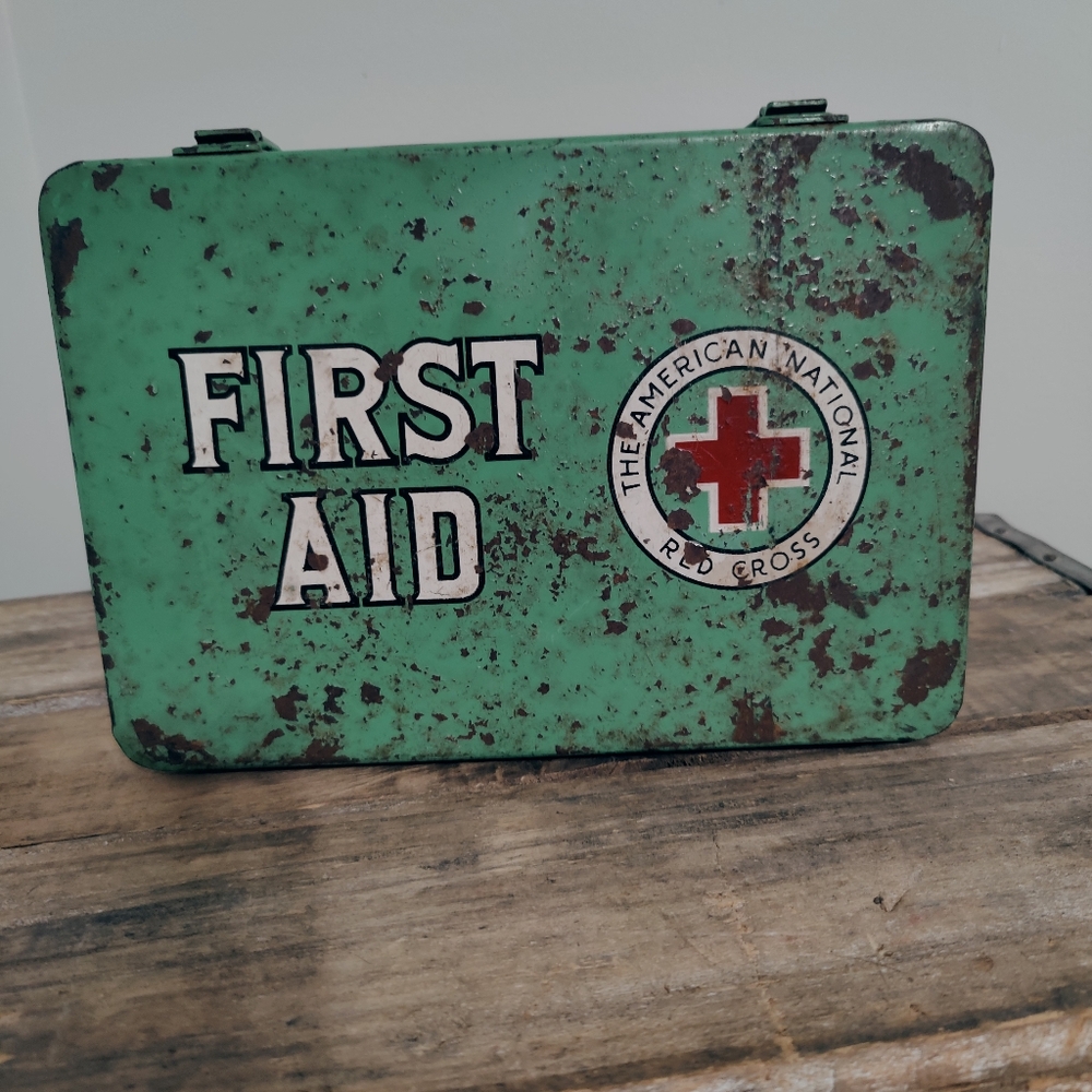 MCM Red Cross metal tin box heavy LG aqua decor display first aid kit 1956 cabin